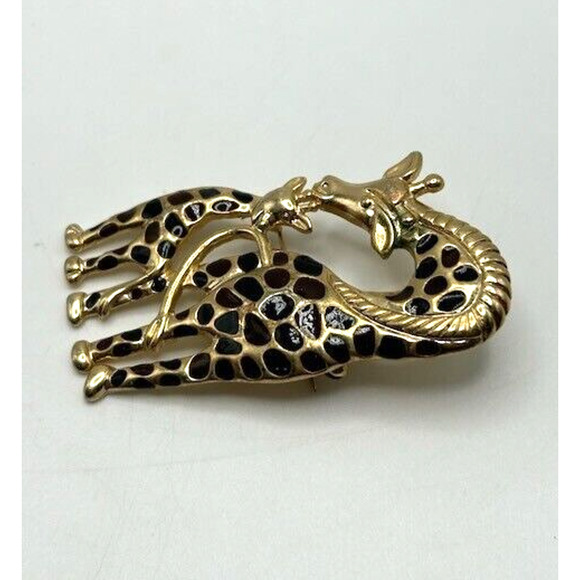 Vintage Gold Tone Black Brown Enamel Best Mother Giraffe Baby Calf Brooch Pin - Picture 3 of 13